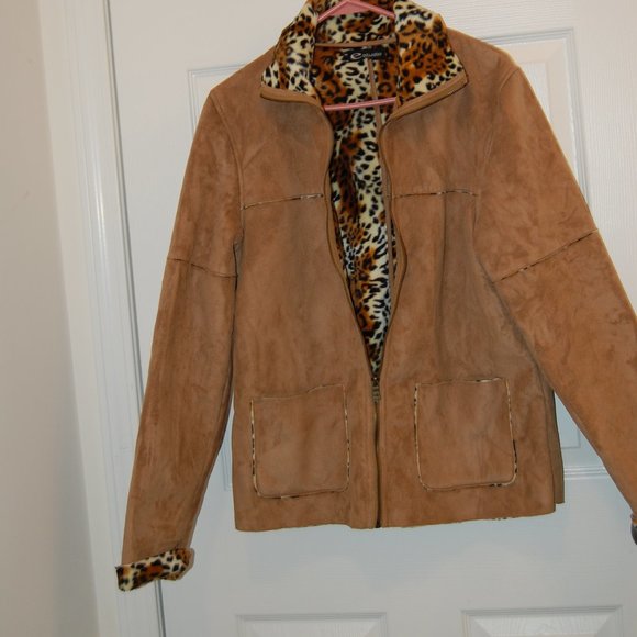 E Studio Women's Leopard Lined Long Sleeve Suede Zipper Jacket No Size Tag (S-M) - Picture 2 of 10